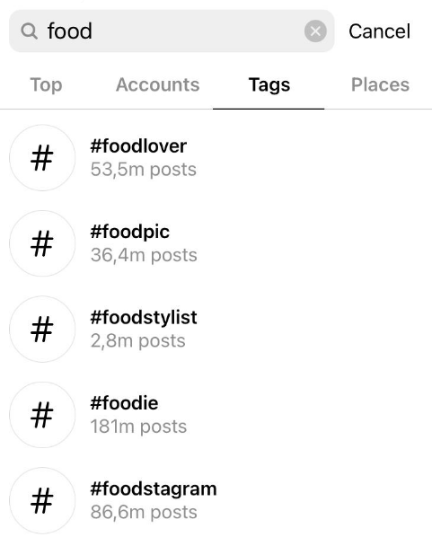 screen shot of popular food hashtags in instagram