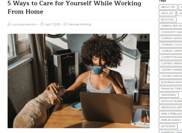 Image presenting a blog post titled "5 ways to take care of yourself while working from home!