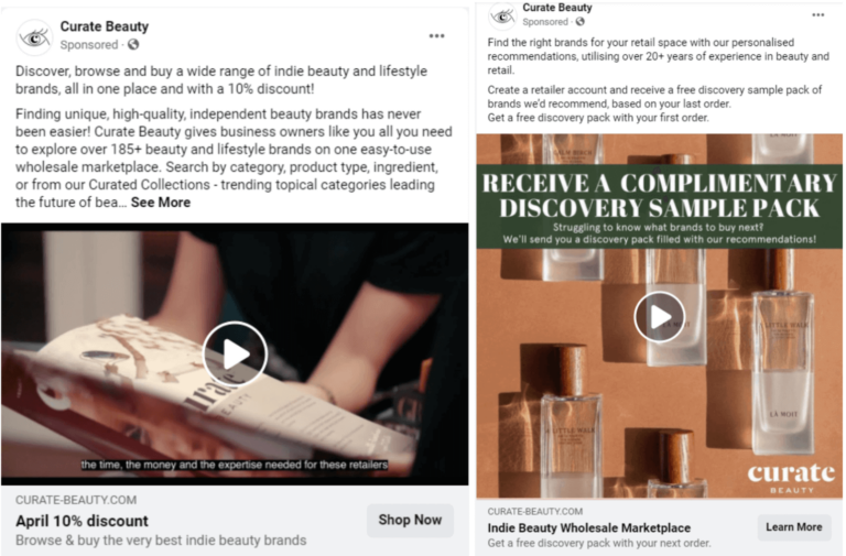 Two screenshots of Curate Beauty's Facebook video advertising.