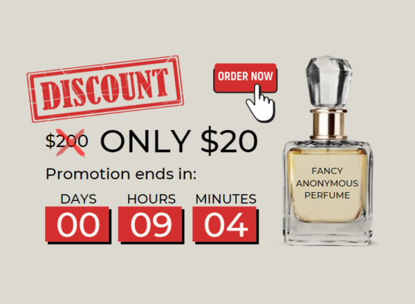 Image showing a fake perfume bottle with a promotional countdown commonly found on websites.