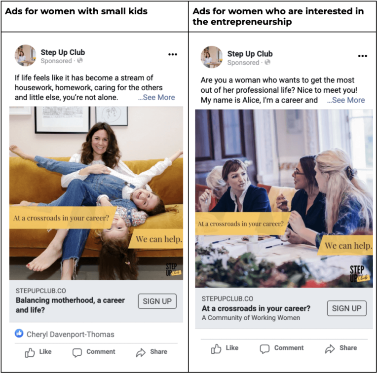 Two screenshots of Facebook ads for Step Up Club. In one image, there is a woman sitting on a sofa with children and in another ad, there is a woman at work speaking with two other colleagues.