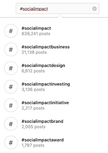 A screenshot from Instagram's search bar showing the search volume for different keywords.