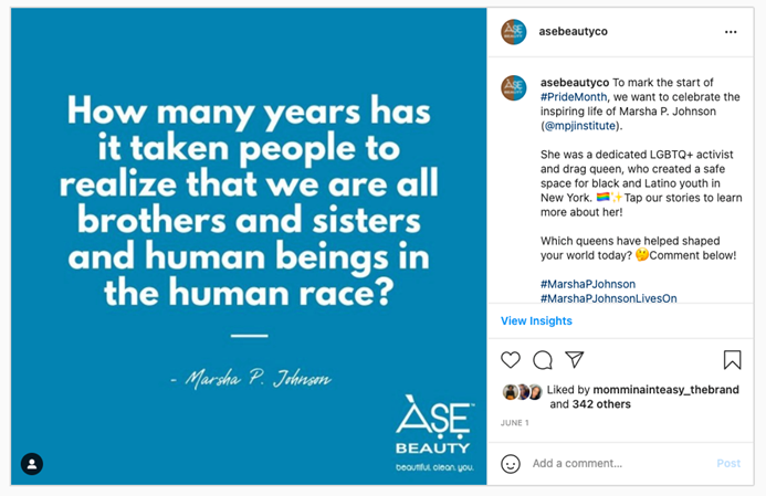 Our most-liked post was a quote from Marsha P. Johnson (June 1st) during Pride Month. It generated an amazing 343 likes and 7 comments.